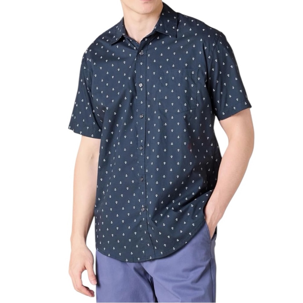 Anchor Print Short Sleeve Button Down Overshirt Size Large